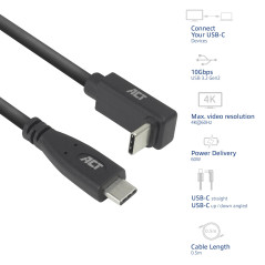 ACT Câble USB C coudé 0,5 m, PD 60 W, connecteur USB C coudé, 90 degrés, droite haut/bas, vitesse de données 10 Gbps, résolution