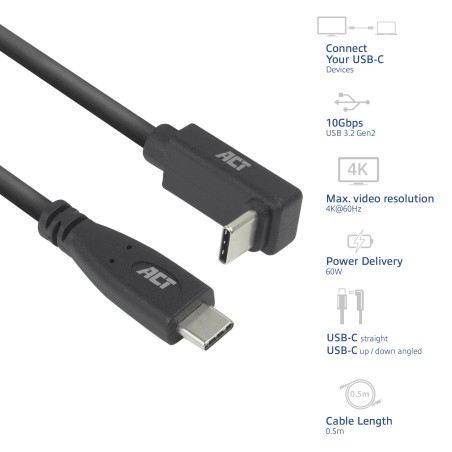 ACT Câble USB C coudé 0,5 m, PD 60 W, connecteur USB C coudé, 90 degrés, droite haut/bas, vitesse de données 10 Gbps, résolution