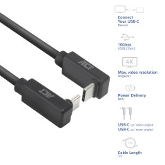 ACT Câble USB C coudé de 1 m, PD 60 W, connecteur USB C coudé à 90 degrés, haut/bas, vitesse de données 10 Gbps, résolution vidé