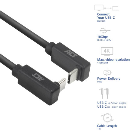 ACT Câble USB C coudé de 1 m, PD 60 W, connecteur USB C coudé à 90 degrés, haut/bas, vitesse de données 10 Gbps, résolution vidé