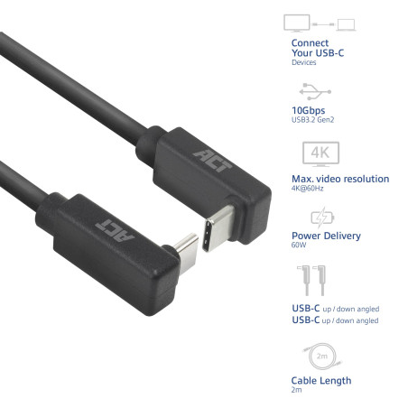 ACT Câble USB C coudé de 2 m, PD 60 W, connecteur USB C coudé à 90 degrés, haut/bas vers le haut/bas, vitesse de données 10 Gbps