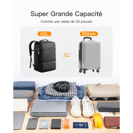Inateck 42L Sac à Dos Voyage Cabine pour Ordinateur Portable 15,6 Pouces Bagage à Main 2 Poignées pour Avion Antivol Femme&Homme