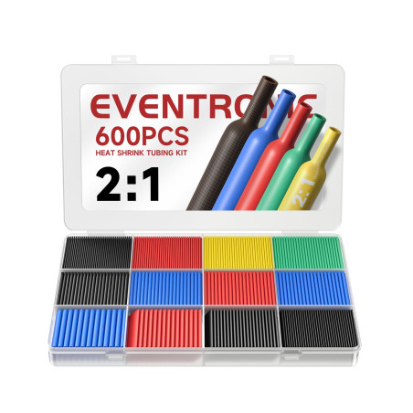 Eventronic ET1001 Gaine Thermorétractable 600 Pièces, IP56 Étanchéité, EVA Matériau, Total 27 m, 5 Couleurs, 12 Tailles, Idéal p