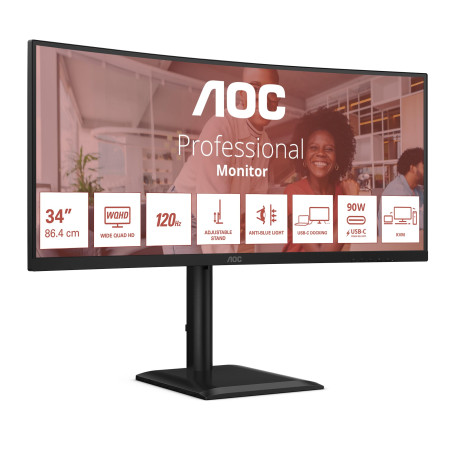 AOC WQHD CU34E4CV 34 Pouces Moniteur, 120 Hz, VA, 4 ms, synchronisation adaptative, HDR Ready/HDR10, réglage de la Hauteur, Haut