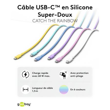 goobay Câble USB-C vers USB-C en silicone 1,5 m, bleu - Charge rapide 60 W PD, transfert de données 480 Mbit/s, flexible, anti-e