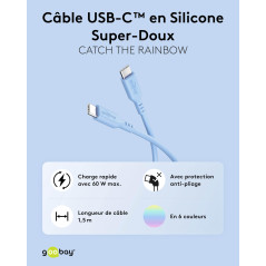 goobay Câble USB-C vers USB-C en silicone 1,5 m, bleu - Charge rapide 60 W PD, transfert de données 480 Mbit/s, flexible, anti-e