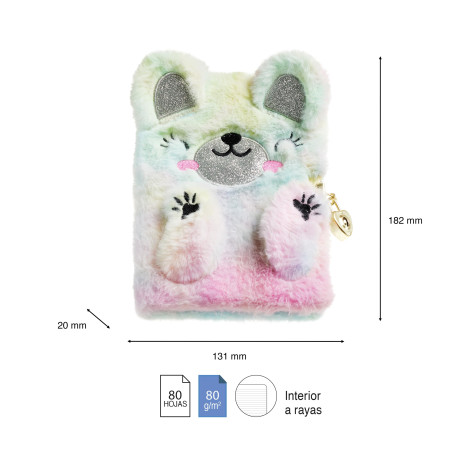 Back2Fun - Journal intime secret, 13,1 x 18,2 x 2 cm, couverture en polyester effet peluche avec détails brodés, cadenas et clés