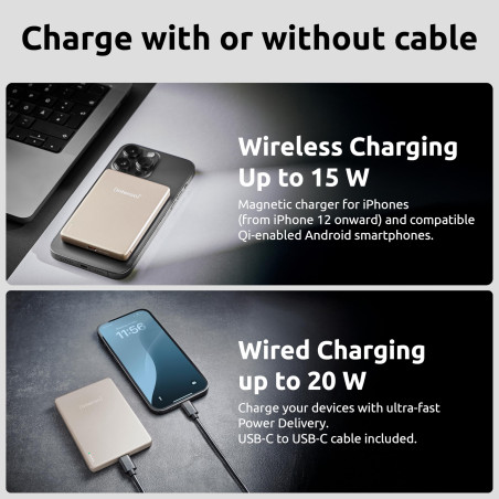 Intenso MW5000 Batterie Externe magnétique 5000 mAh – Compatible MagSafe, Recharge sans Fil 15 W, USB-C PD 20 W, Plate et compac