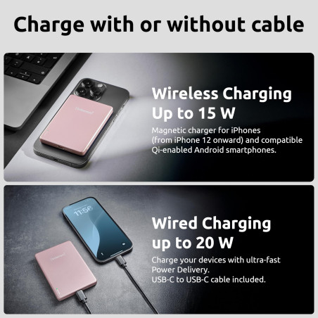 Intenso MW5000 Batterie Externe magnétique 5000 mAh – Compatible MagSafe, Recharge sans Fil 15 W, USB-C PD 20 W, Plate et compac