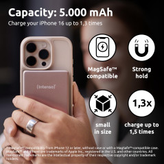 Intenso MW5000 Batterie Externe magnétique 5000 mAh – Compatible MagSafe, Recharge sans Fil 15 W, USB-C PD 20 W, Plate et compac