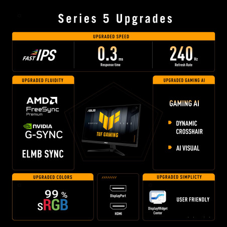 ASUS Moniteur Gaming TUF VG279QM5A – 27", Full HD, Fast-IPS, 240Hz, 0,3ms, G-Sync, FreeSync Premium, ELMB Sync, 99% sRGB, Displa