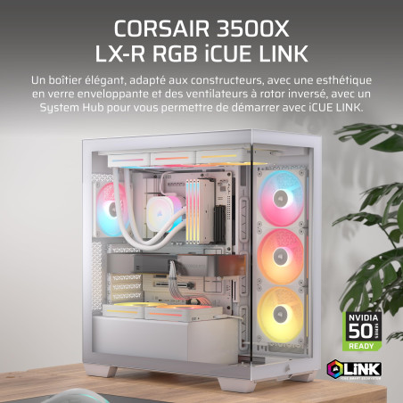 CORSAIR 3500X LX-R RGB Boîtier PC Mi-Tour avec Vitre Panoramique – 3 Ventilateurs RGB LX120-R Préinstallés, Comprend System Hub,
