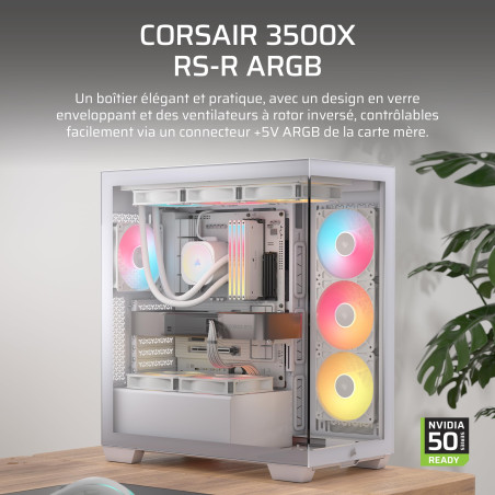 CORSAIR 3500X RS-R ARGB Boîtier PC Mi-Tour avec Vitre Panoramique – 3 Ventilateurs RS120-R ARGB Préinstallés, Système de Fixatio