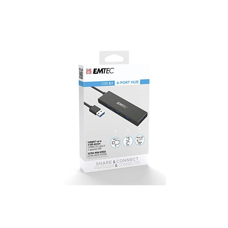 EMTEC, ECHUBT620A, Hub USB 4 Ports Ultra Slim, Connectez jusqu'à 4 périphériques USB-A simultanément, Transfert de données rapid EMTEC, ECHUBT620A, Hub USB 4 Ports Ultra Slim, Connectez jusqu'à 4 périphériques USB-A simultanément, Transfert de données rapid