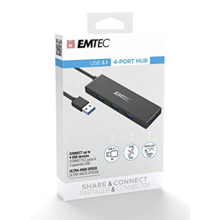 EMTEC, ECHUBT620A, Hub USB 4 Ports Ultra Slim, Connectez jusqu'à 4 périphériques USB-A simultanément, Transfert de données rapid