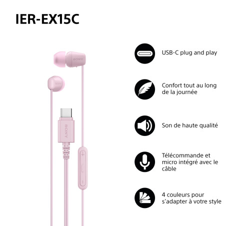 Sony IER-EX15C avec Micro – Écouteurs filaires USB-C pour Android, iPhone, Ordinateur Portable et PC – Câble Anti-enchevêtrement
