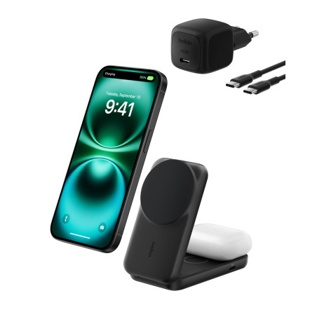 Belkin UltraCharge Chargeur Induction Qi2 25W, Station de Charge 2 en 1 pour iPhone 17, iPhone Air, AirPods, Pixelsnap, Compatib