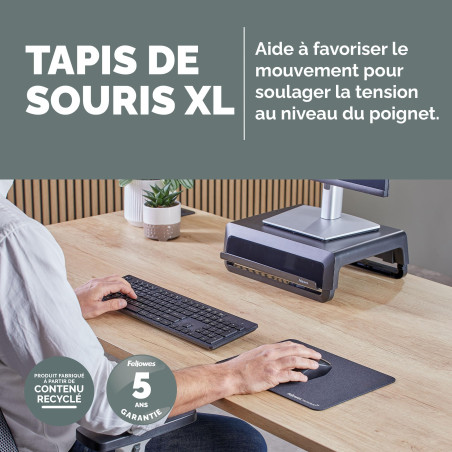 Fellowes Breyta Tapis de Souris Ergonomique Extra-Large – Noir – Base antidérapante en Caoutchouc, Bords Cousus résistants, Prot