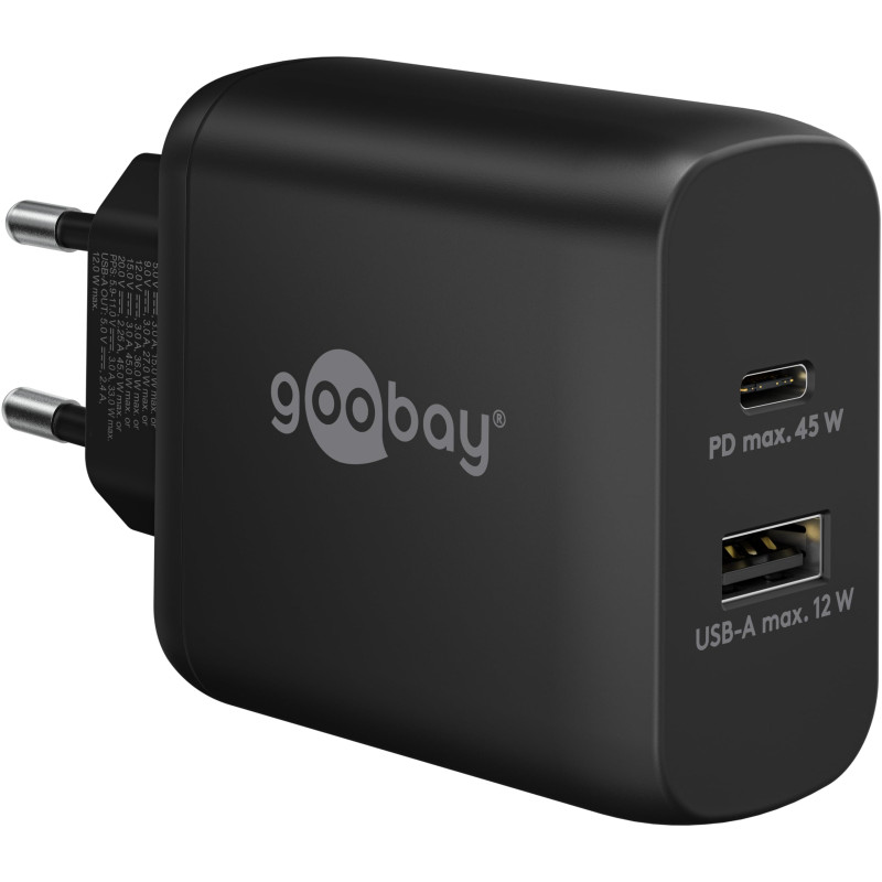 Goobay 65411 Double Chargeur 45 W/USB-C & USB-A Chargeur Rapide Power Delivery/Bloc d'alimentation de Charge avec 2 Ports USB/Ch