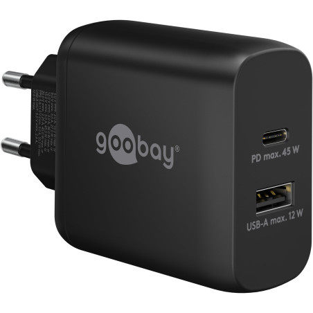 Goobay 65411 Double Chargeur 45 W/USB-C & USB-A Chargeur Rapide Power Delivery/Bloc d'alimentation de Charge avec 2 Ports USB/Ch