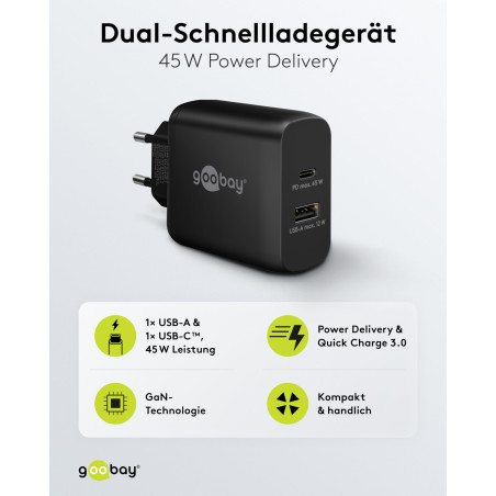 Goobay 65411 Double Chargeur 45 W/USB-C & USB-A Chargeur Rapide Power Delivery/Bloc d'alimentation de Charge avec 2 Ports USB/Ch