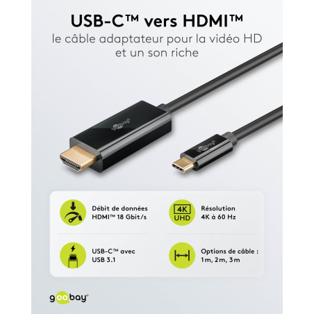 goobay Câble USB-C vers HDMI 2.0 - Connecteurs plaqués or - Résolutions Ultra HD jusqu'à 4 K @ 60 Hz - USB-C vers HDMI pour ordi