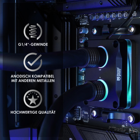 Thermal Grizzly DeltaMate Raccord rotatif en T - Noir G1/4 mâle + double femelle en T pour refroidissement par eau PC personnali