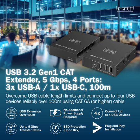 DIGITUS Prolongateur USB 3.2 Gen1 Via Ethernet – Hub USB 4 Ports – 3X Type A, 1x Type C – Portée de 100 m avec câble réseau Cat