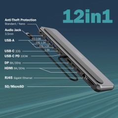DIGITUS Station d'accueil – 12 Ports – 2X HDMI, 1x Displayport 8k 30Hz – 2X USB-A 3.2 Gen2, 1x Type-A 3.2 Gen1, 1x USB-C 3.2 Gen