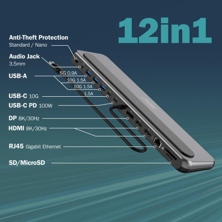 DIGITUS Station d'accueil – 12 Ports – 2X HDMI, 1x Displayport 8k 30Hz – 2X USB-A 3.2 Gen2, 1x Type-A 3.2 Gen1, 1x USB-C 3.2 Gen