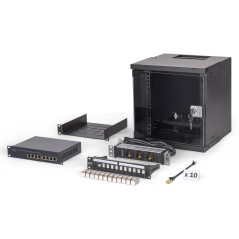 DIGITUS Kit réseau 10 Pouces – Armoire réseau 6U – étagère – multiprise – Switch 8 Ports – Panneau de Brassage 12 Ports – 12 mod