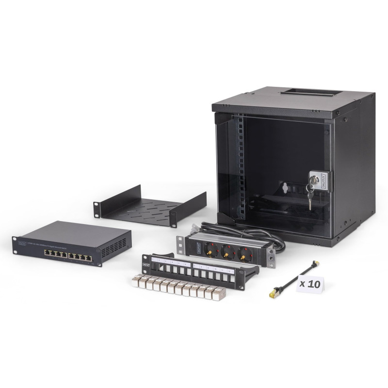 DIGITUS Kit réseau 10 Pouces – Armoire réseau 6U – étagère – multiprise – Switch 8 Ports – Panneau de Brassage 12 Ports – 12 mod