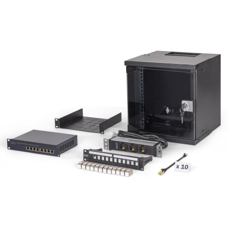 DIGITUS Kit réseau 10 Pouces – Armoire réseau 6U – étagère – multiprise – Switch 8 Ports – Panneau de Brassage 12 Ports – 12 mod