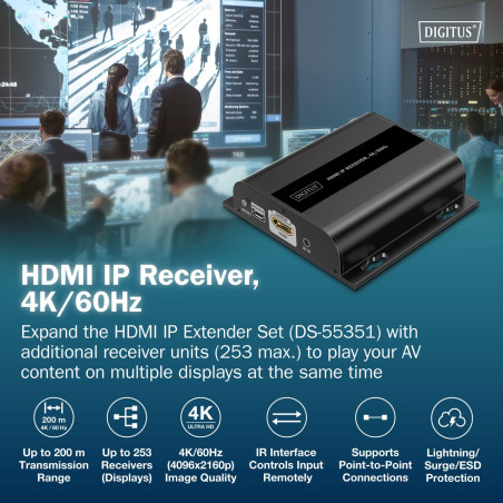 DIGITUS Récepteur prolongateur HDMI IP pour DS-55351 – UHD 4k 60 Hz – HDMI 2.0 – portée jusqu'à 200 m – unité réceptrice – point