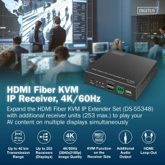 DIGITUS HDMI Fiber KVM IP Extender Récepteur pour DS-55348 – UHD 4k 60Hz – HDMI 2.0 – Portée MM 300 m et SM 40 km – 2x USB pour