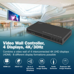 DIGITUS Contrôleur de Mur vidéo HDMI – Signal d'entrée UHD 4k 60 Hz Via HDMI 2.0 ou USB-C – Sortie 4k 30 Hz – Télécommande Inclu