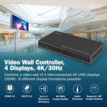 DIGITUS Contrôleur de Mur vidéo HDMI – Signal d'entrée UHD 4k 60 Hz Via HDMI 2.0 ou USB-C – Sortie 4k 30 Hz – Télécommande Inclu