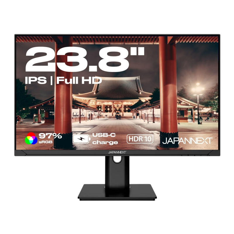 JAPANNEXT Ecran PC 23.8" IPS Full HD (1920x1080) | HDR | Recharge Via USB-C(65W) Hauteur & Inclinaison réglable (HSP) Haut-parle