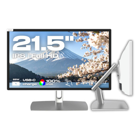 JAPANNEXT Ecran PC Tactile Blanc 21.5" IPS Full HD (1920x1080) avec Bras articulé | HDR | Recharge Via USB-C(65W) Hauteur et Inc