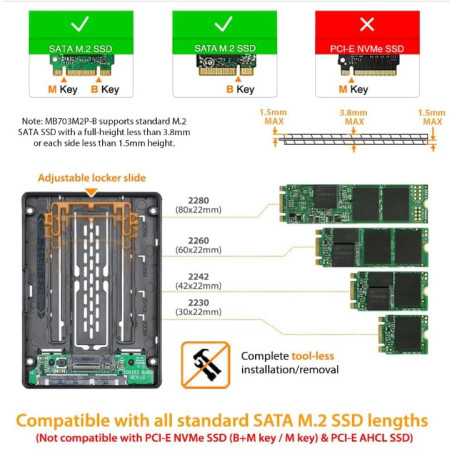 Icy Dock Adaptateur de boîtier M2 SSD vers SATA 2.5, convertisseur SSD M2 NGFF vers SATA, Compatible avec clé B & M (ne Prend Pa