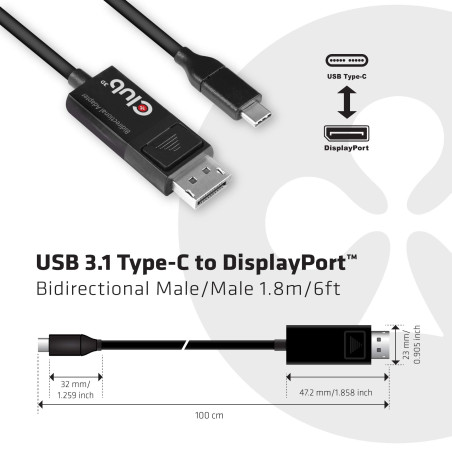 Club 3D Câble Adaptateur USB Longueur : 1,8 m - Type C vers Displayport - 8K60Hz HDR - Noir - Référence : CAC-1557