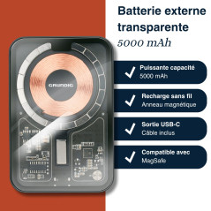 Grundig Batterie externe sans fil transparente 5000 mAh - Batterie externe USB-C entrée et sortie - Chargement sans fil - Compat