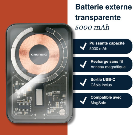 Grundig Batterie externe sans fil transparente 5000 mAh - Batterie externe USB-C entrée et sortie - Chargement sans fil - Compat
