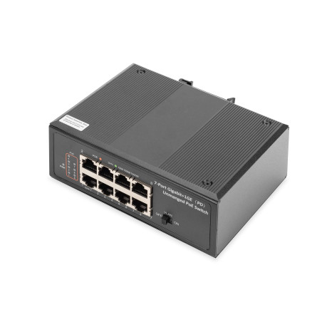 DIGITUS commutateur industriel 7 ports Gigabit PoE - 1x port d'alimentation - 8x RJ45-10/100/1000 Mbit/s - montage sur rail - no