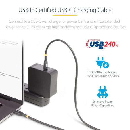 StarTech.com Câble de Recharge USB-C de 1m, Cordon USB-C Certifié USB-IF, 240W PD EPR, Câble Chargeur USB 2.0 Type-C pour Ordina