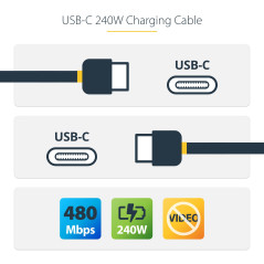 StarTech.com Câble de Recharge USB-C de 1m, Cordon USB-C Certifié USB-IF, 240W PD EPR, Câble Chargeur USB 2.0 Type-C pour Ordina