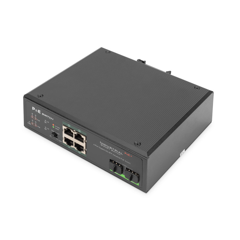 DIGITUS commutateur réseau Industriel 6 Ports Gigabit PoE - 4X RJ45 + 2X Liaison Montante Gigabit SFP - Non géré - Montage sur R