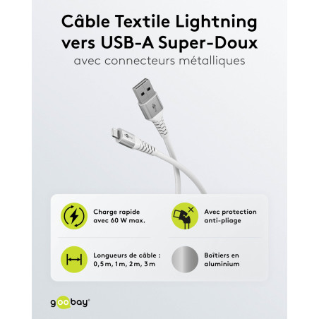 goobay Lightning vers USB-A 60 W / 2 m/Câble textile flexible/Câble de charge USB 480 Mbits/Super doux/Câble de charge rapide Ap