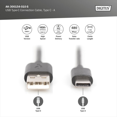 DIGITUS Câble USB 2.0 – 1,8 m – USB-A vers Type-C – 480 Mbps – Câble de connexion pour ordinateurs, ordinateurs portables, hubs,