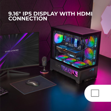 Mars Gaming MC-LCDX, Boîtier Gaming ATX, Écran IPS 9.16" et Connexion HDMI, Verre Trempé Continu, Panneau Inférieur Full Mesh, D